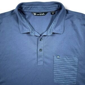 Travis Mathew Men's‎ Large Polo Shirt Blue Stripe Front Pocket Golf Short Sleeve